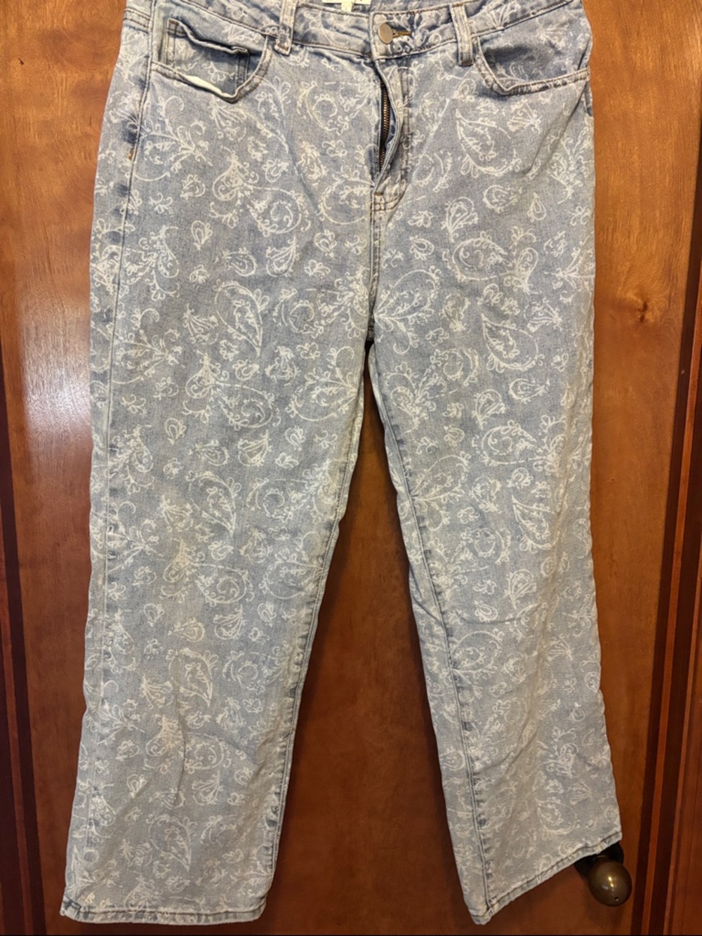 Straight-Leg Paisley Print Light Blue Jeans for Women